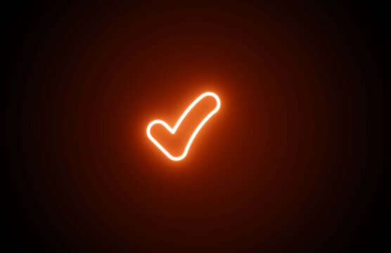 Neon glowing orange fire color check mark icon on black background. Neon Approval and success symbol. Neon tick mark select right correct confirm complete icon on dark background. Neon right sign.