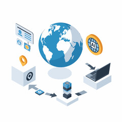 Global digital network and data exchange illustration.