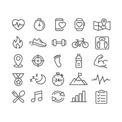 Fototapeta premium Fitness and health icons: exercise, nutrition, sleep, heart rate, tracking.