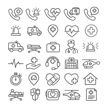 Medical emergency icons set: ambulance, hospital, first aid, healthcare symbols.