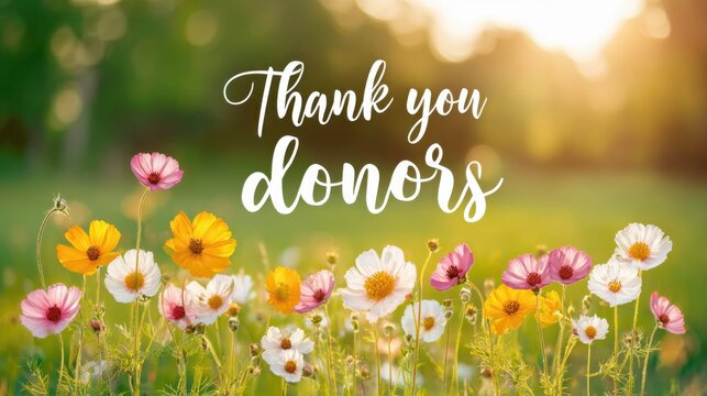 Warm donor appreciation banner featuring colorful wildflowers in a sunlit field with a soft focus background, conveying gratitude and nature's beauty