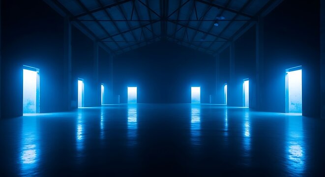 A dark warehouse interior with multiple glowing blue doors in a row