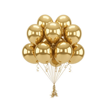 Bunch of shiny gold balloons tied ribbons isolated on a transparent background