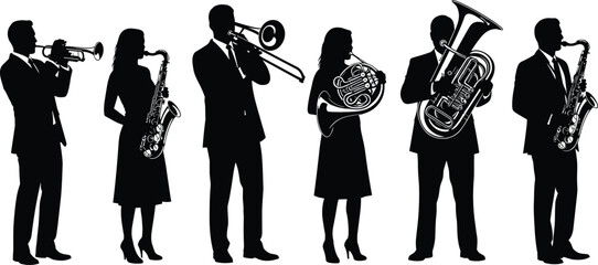Brass ensemble silhouette illustration, jazz band artwork, musical performance vector, trumpet saxophone trombone design, French horn tuba graphic, concert music scene © Fenshi