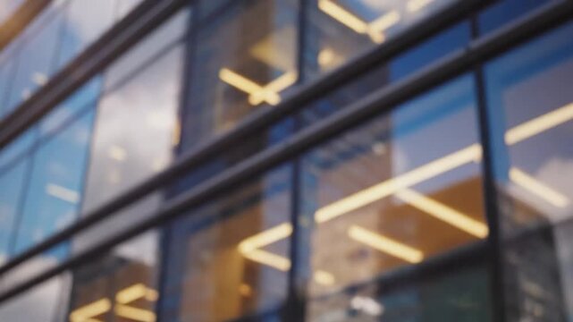 Abstract blurred view of modern office building glass facade with interior lights reflecting against blue sky