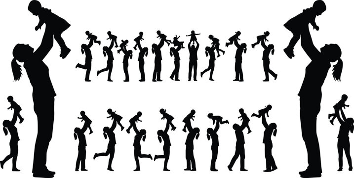 Family silhouette illustration set, parent child interaction artwork, playful lifting vector, joyful bonding design, dynamic pose graphic, childhood activity concept