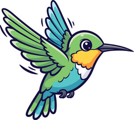 Obraz premium Vibrant Hummingbird Cartoon Illustration in Flight with Colorful Green and Blue Feathers for Nature Education Wildlife Conservation and Tropical Garden Themed Graphic Designs