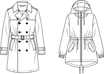 "Fashion illustration, technical sketch, trench coat, parka jacket, outerwear design, garment drawing, couture apparel, clothing template, vector style" © Fenshi