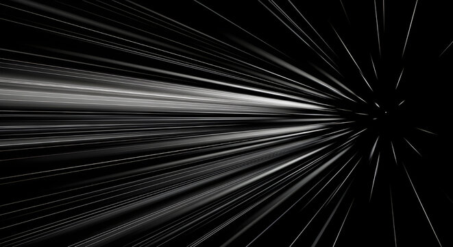 Abstract light trails and streaks moving rapidly into the distance creating a sense of high speed, motion, and futuristic technology on a black background