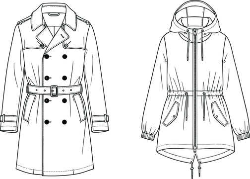 "Fashion illustration, technical sketch, trench coat, parka jacket, outerwear design, garment drawing, couture apparel, clothing template, vector style"