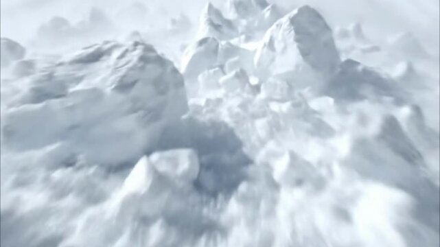 Powerful avalanche rushing down a snowy mountain slope. Large chunks of ice and snow tumbling towards the camera. Winter natural disaster concept