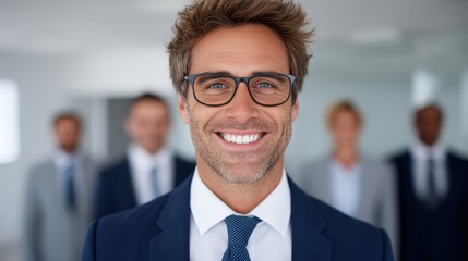 Fototapeta premium A confident businessman with glasses smiles at the camera, with blurred colleagues in suits standing behind him in a professional office setting.