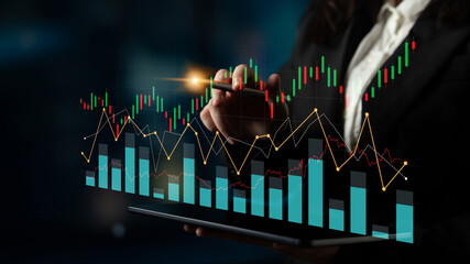 A business professional analyzes financial data on a tablet screen, with dynamic charts and graphs...