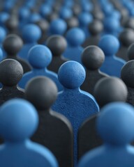 Obraz premium A crowd of stylized human figures where a single blue figure stands out among numerous black figures, symbolizing individuality and uniqueness.
