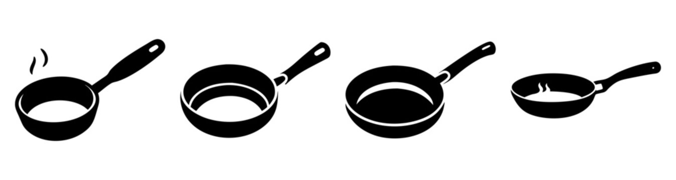 Set of four black frying pans isolated on white background for cooking and kitchen concept