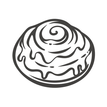 Glazed cinnamon roll with spiral dough and dripping icing topping. Sweet bakery pastry in retro line style, monochrome dessert graphic for cafe menu, logo, packaging, vector illustration.