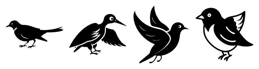 Fototapeta premium Flock of black birds flying and perching in silhouette minimalist vector illustration for nature and freedom themes