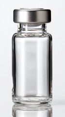 Empty glass medical vial with silver cap isolated on white background