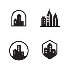 Fototapeta premium Four black vector city skylines in various shapes isolated on transparent background