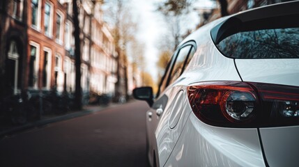 Rear view of a white modern car parked on a city street