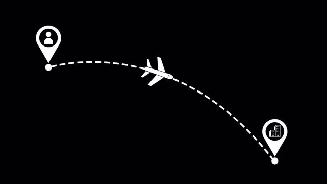 Flight Route with Dashed Line Connecting Two Location Pins and Passenger Plane Icon on Transparent Background