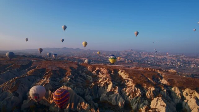 Hot air balloons floating and drifting across Cappadocia Turkey rocky valleys at sunrise with slow forward glide and gentle tilt down movement for travel and tourism.