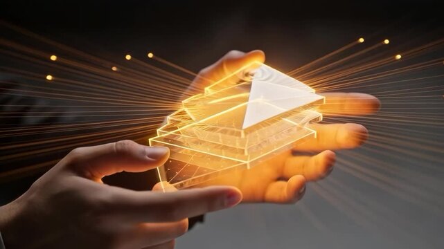 Glowing layered glass pyramid held hands with radiant light beams glowing holographic play button