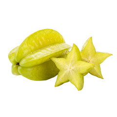 Fototapeta premium Vibrant fresh star fruit, whole and sliced, isolated on white. Highlighting its unique star shape and bright yellow-green color