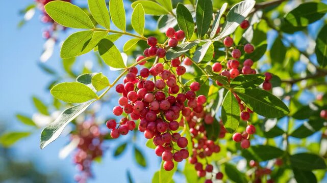 pink peppercorns on brazilian pepper tree close-up video