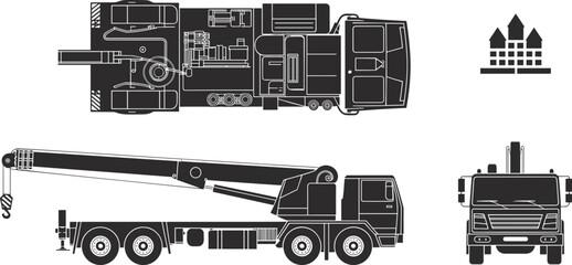 Mobile crane truck silhouette illustrations showing top, side, and front views, construction machinery icons for lifting, transport, engineering, and urban projects © Masud