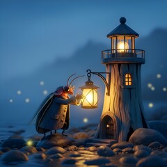 A whimsical scene of a tiny creature carrying a lantern near an illuminated lighthouse at dusk