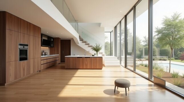 Casa minimalista, luminosa y de planta abierta, con gabinetes de madera a medida, elegante escalera con barandilla de vidrio y c&aacute;lidos pisos de madera