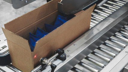 cardboard box with blue plastic bags inside stands on  roller conveyor with red laser motion sensor in factory or distribution warehouse for packaging and delivery © Aleksandr Matveev