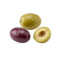 Obraz premium A Trio of Fresh Green and Black Olives with Water Droplets on a White Background