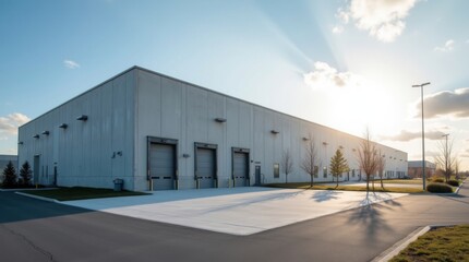 Fototapeta premium Exterior de almacén comercial con una gran fachada de hormigón con un patrón texturizado sutil