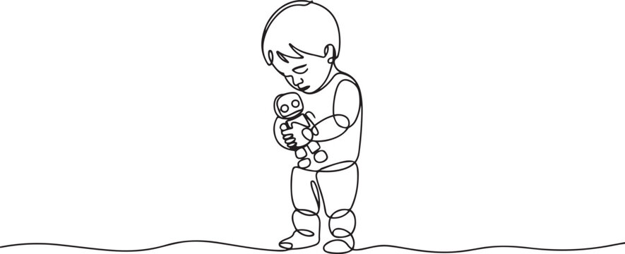 Single one line drawing a boy stands and looks down dejectedly holding a robot. Failed human trafficking. Trauma. Abuse. National Missing of Children Day. one line Icon drawing