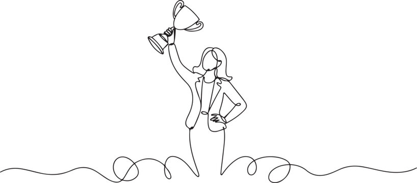 Single continuous line drawing businesswoman holding trophy in cloud. Showing award celebrate her victory in sky. Business success goal achievement. one line Icon drawing