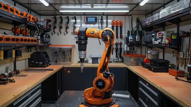 A modern robotic arm rests on a tidy workbench amidst an assortment of machinery and tools in a cutting-edge workshop. The automated arm embodies the fusion of technology and innovation