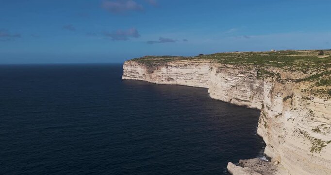 Aerial view of stark white cliffs meeting the deep blue sea, topped with green vegetation under a clear sky, Xlendi, Munxar, Malta.
