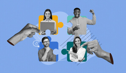 Several people working together to solve puzzles and communicate. Different hands reach out toward...