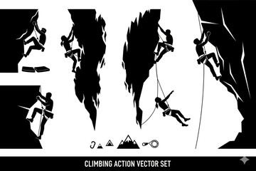 Climbing Action Sequence, Rock Climbers, Mountain Terrain, Vector Illustrations, Adventure Environment, Dynamic Perspectives, Outdoor Challenge