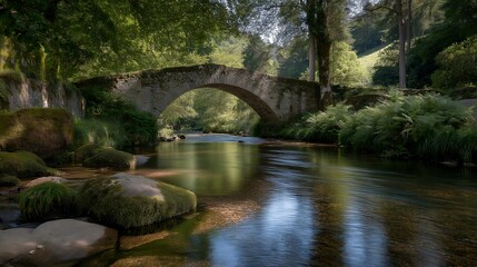 Fototapeta premium Historic stone bridge crossing a quiet river, surrounded by lush nature and wildlife, depicting the beauty of untouched landscapes. Gentle sunlight filters through the trees, creating dappled