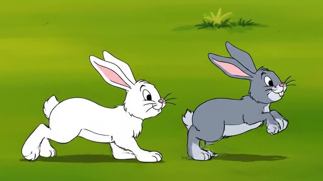 Animated white and gray rabbits running side by side on green background in cartoon style
