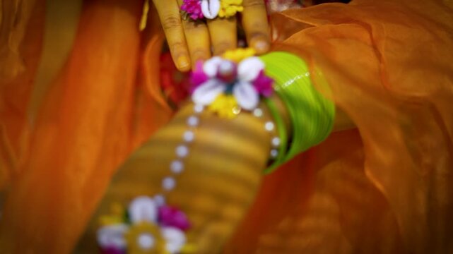 Closeup of Indian Girl During Haldi Rasam with Floral Jewelry