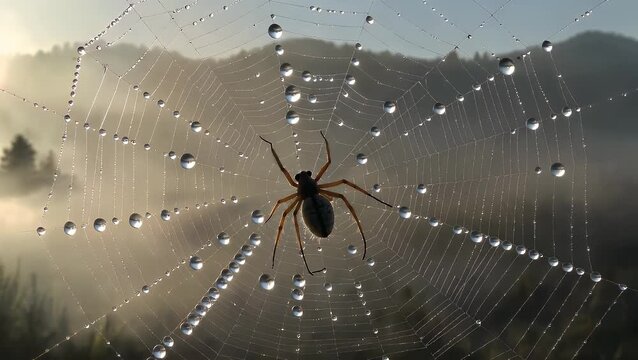 An arachnid poised on its intricate, dew-laden silk web during a misty sunrise