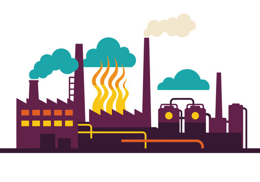 Industrial plastic gasification plant illustration. A detailed scale depicts smokestacks and machinery, conveying a complex manufacturing process. Modern, graphic style.