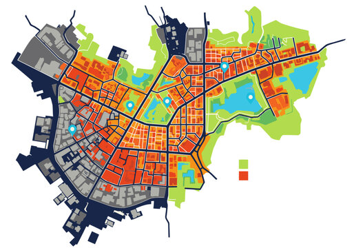 A stylized urban heat map illustration showcases thermal data, spectral park, and data park zones within a city. Vibrant color gradients highlight temperature variations. Modern, graphic design.