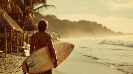 Fototapeta premium Retro summer scene with surfer holding worn surfboard walking along sandy beach under warm sunlight and palm trees
