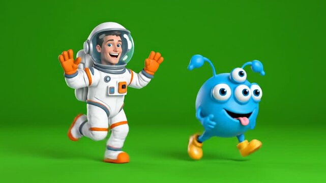 Cartoon astronaut running with smiling blue alien on green screen seamless loop background