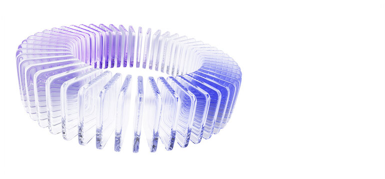 Holographic circular array of glass square plate shapes. Iridescent transparent ring with purple blue gradient and motion effect on pastel light 3d background. Futuristic tech banner